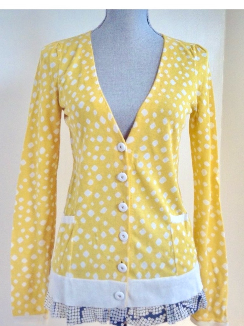 Leifsdottir Anthropologie Yellow Polka Dot Ruffle Hem Cotton Cardigan Sweater XS